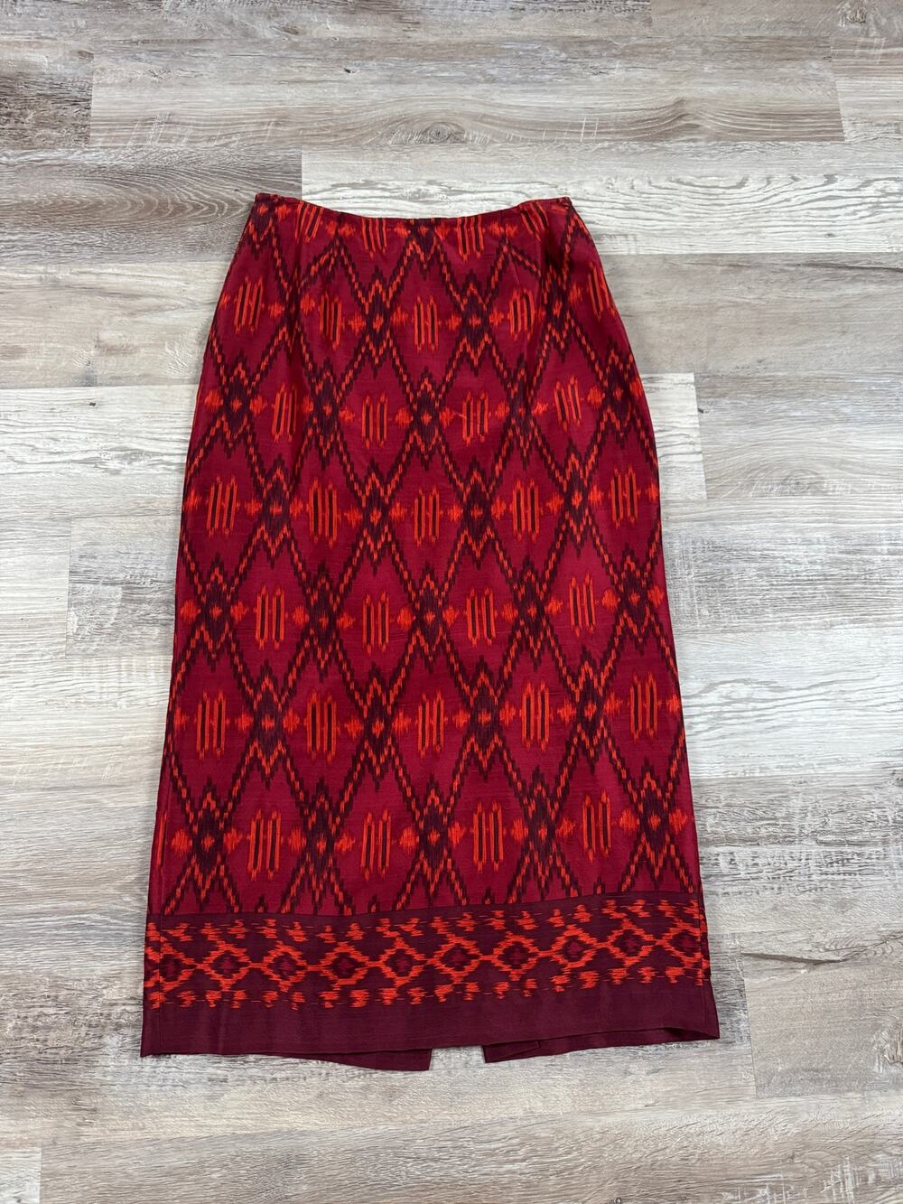 Vintage 90s NWT Silk Ikat Midi Skirt Burgundy Red Boho Tribal Pencil Size 12